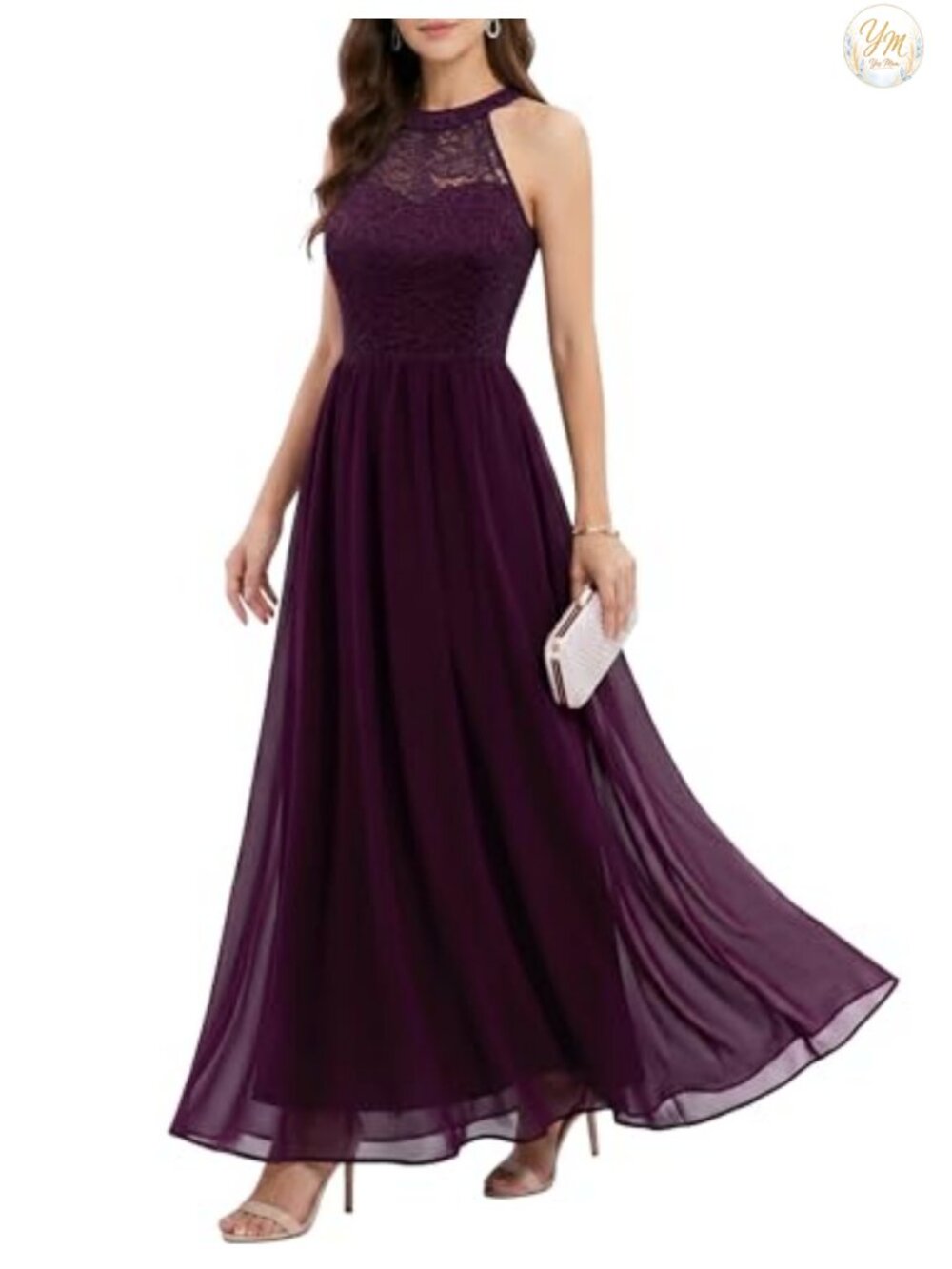 Halter Lace Chiffon Floor Length Formal Prom Dress Bridesmaid Gown